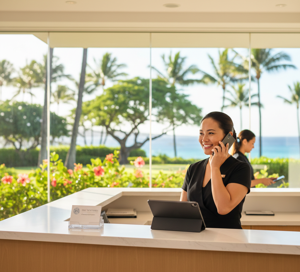 A friendly staff member at the Eye Surgery Center of Hawaii reception desk taking a patient phone call.