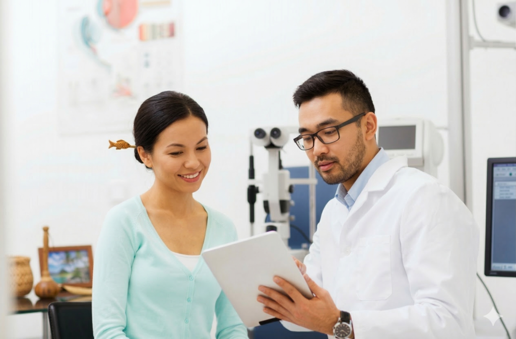 An ophthalmologist discussing eye surgery results with a patient using a digital tablet at the clinic.