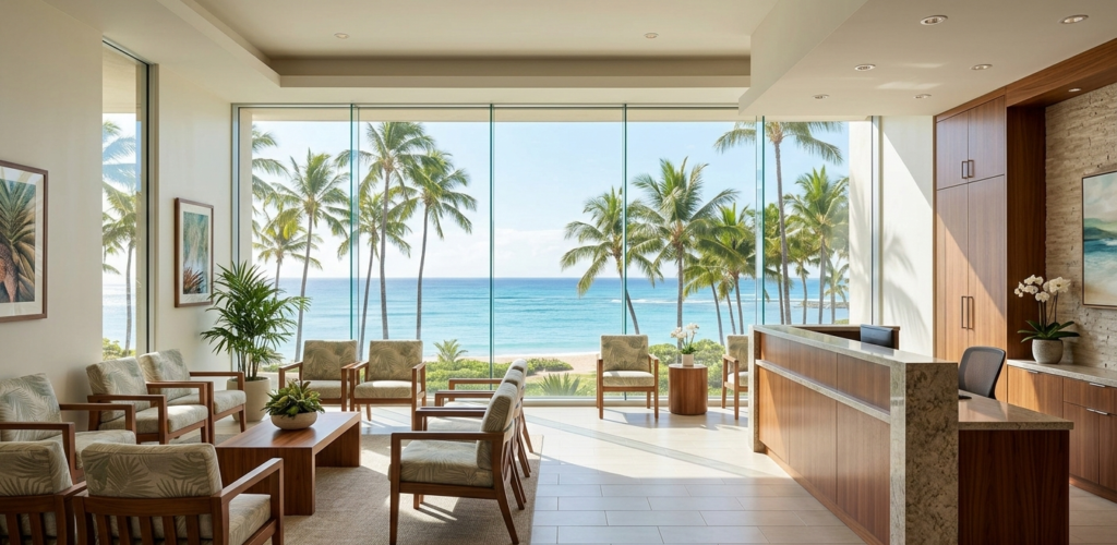 The modern, comfortable reception and waiting area at Eye Surgery Center of Hawaii, featuring ocean views.